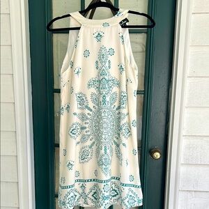 Lulu's White and Teal Patterned Mini Dress